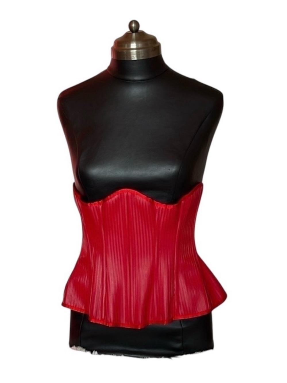 HANDCRAFTED one off below the bust corset NWOT red exterior inside denim